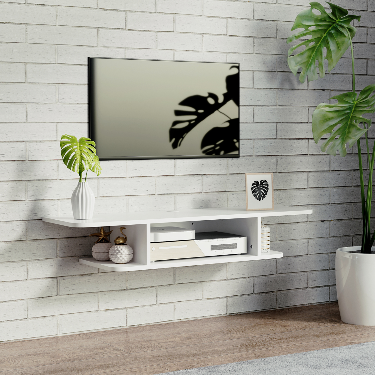 Floating Wall-Mounted TV Unit with Storage Shelves and Cable Management – Media Console, White