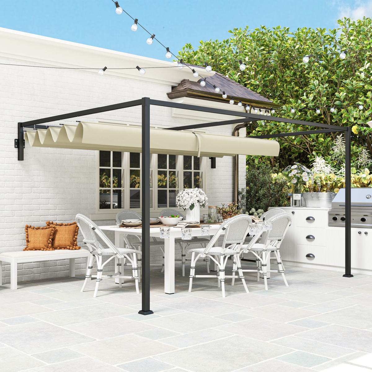 Outsunny 3x4m Wall-Mounted Pergola with Retractable Roof Canopy, UV-Resistant Polyester – Garden Shade, Khaki