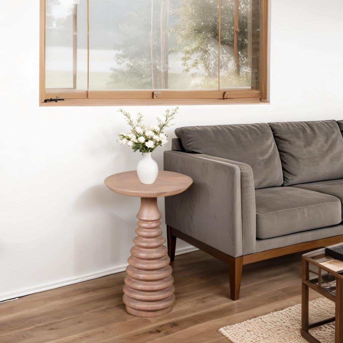 Valencia Side Table in Solid Mango Wood with Woven Cane Detailing – Handcrafted Eco-Friendly Design