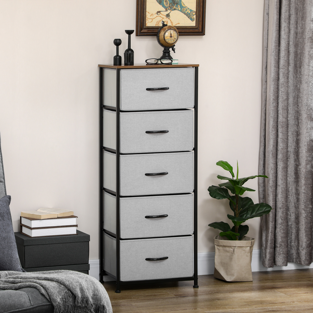 HOMCOM 5-Drawer Fabric Chest of Drawers with Steel Frame & Wooden Top – Bedroom Storage, Grey