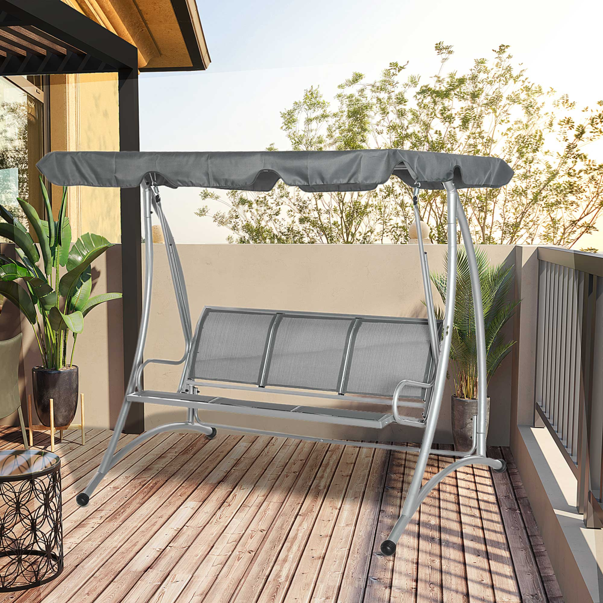 Outsunny 3 Person Steel Garden Swing Chair with Adjustable Canopy & Breathable Mesh Seat – Dark Grey