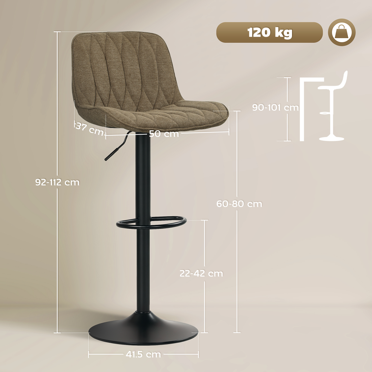 Set of 2 Adjustable Bar Stools with High Backs, Linen-Look Upholstery & 360° Swivel – Gas Lift Kitchen Stools