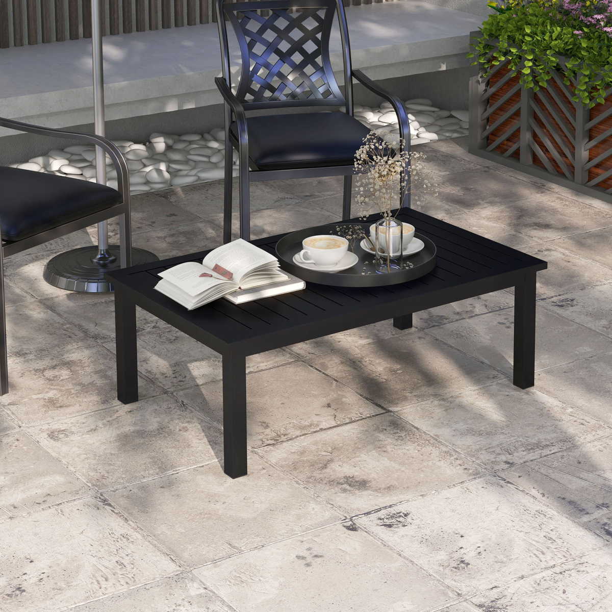 Outsunny Aluminium Outdoor Coffee Table with Slatted Top – Patio Garden Table, Black, 100x60cm