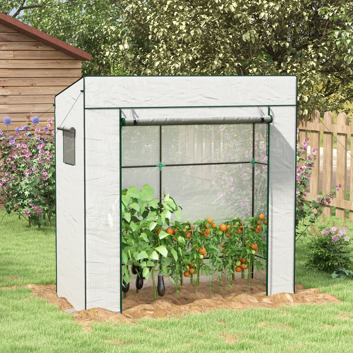 Outsunny Walk-in Lean-to Greenhouse with PE Cover, Roll-up Door & 2 Mesh Windows – Plant Protection, White