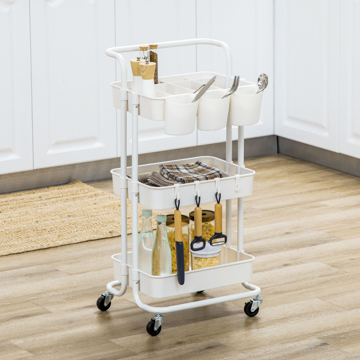 HOMCOM 3-Tier Utility Cart, Rolling Serving Trolley with Baskets and Hooks – Kitchen Storage, White