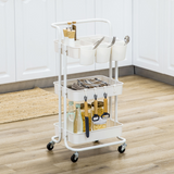 HOMCOM 3-Tier Utility Cart, Rolling Serving Trolley with Baskets and Hooks – Kitchen Storage, White