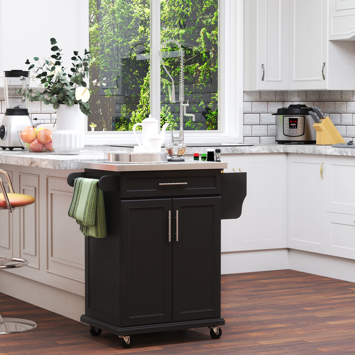 HOMCOM Rolling Kitchen Cart with Drawer, Cabinet, Towel Rail & Spice Rack – Mobile Storage Trolley, Black