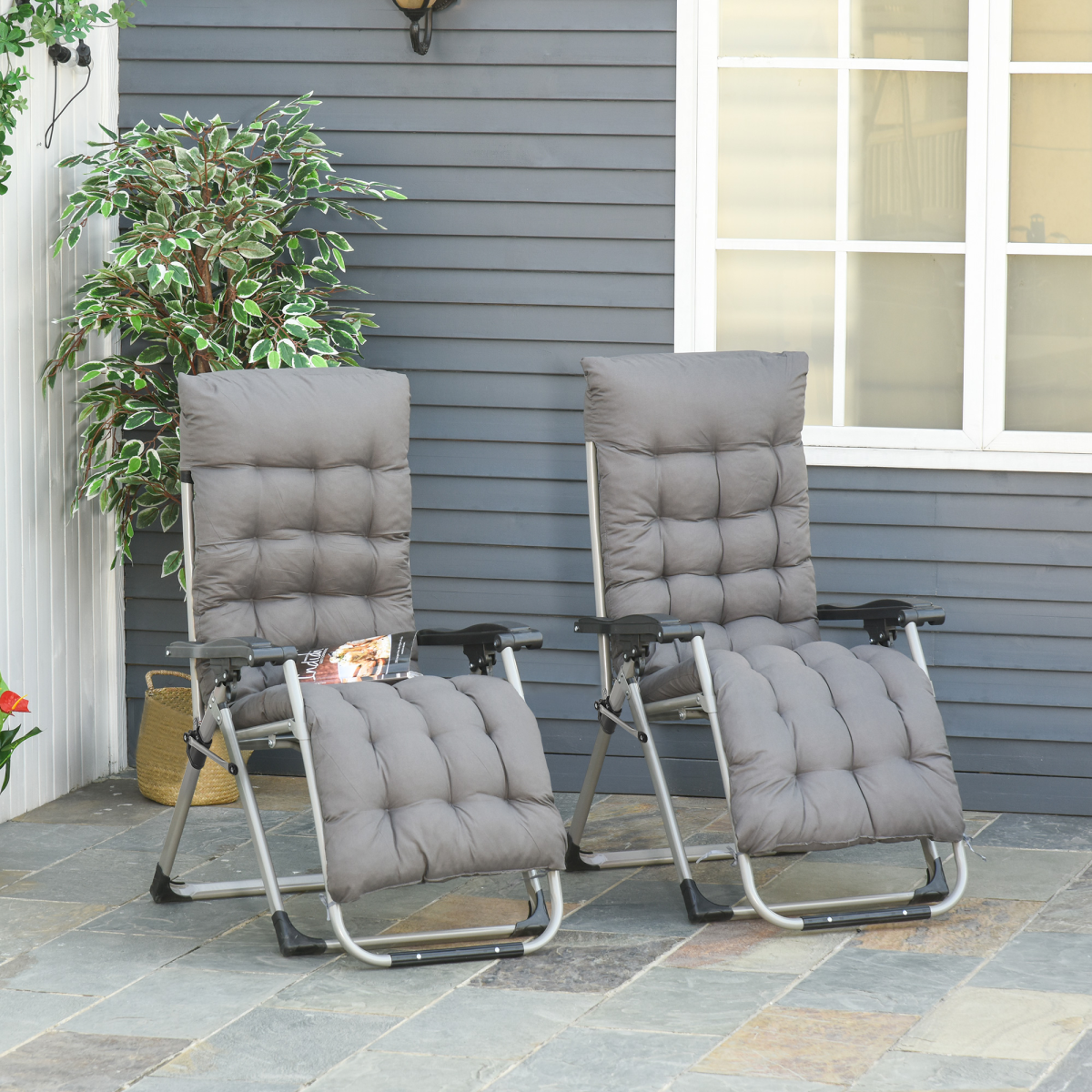 Outsunny 2-Piece Zero Gravity Reclining Chair Set with Cushions – Folding Garden Lounger, Dark Grey