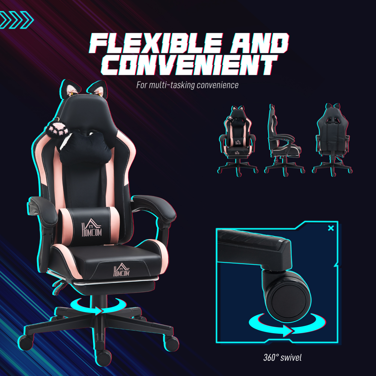 Cat Ear Reclining Gaming Chair with Footrest, Head & Lumbar Pillows – Swivel Computer Chair, Black & Pink