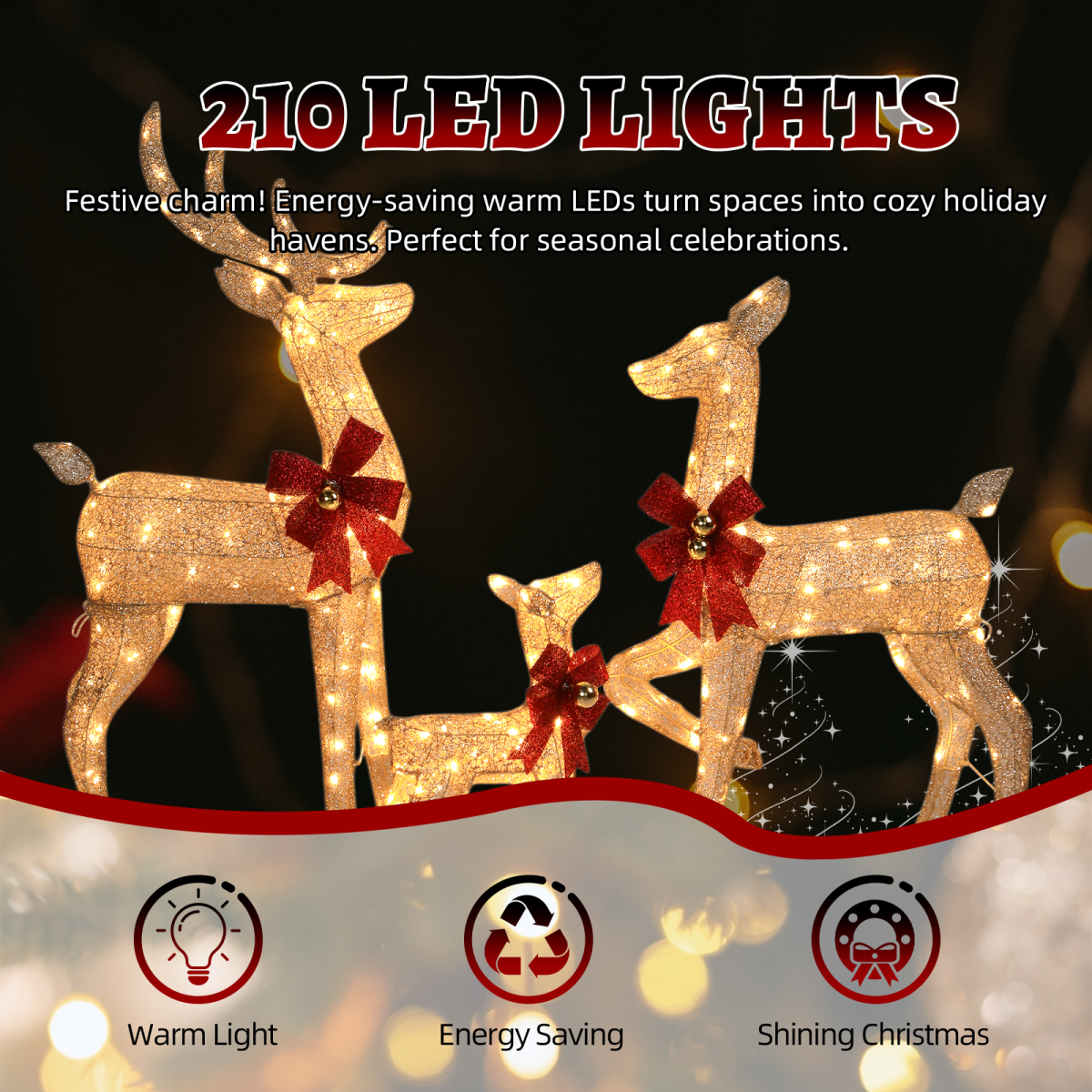 Lighted Christmas Reindeer Family – 3 Piece Outdoor Set with 210 Warm White Lights