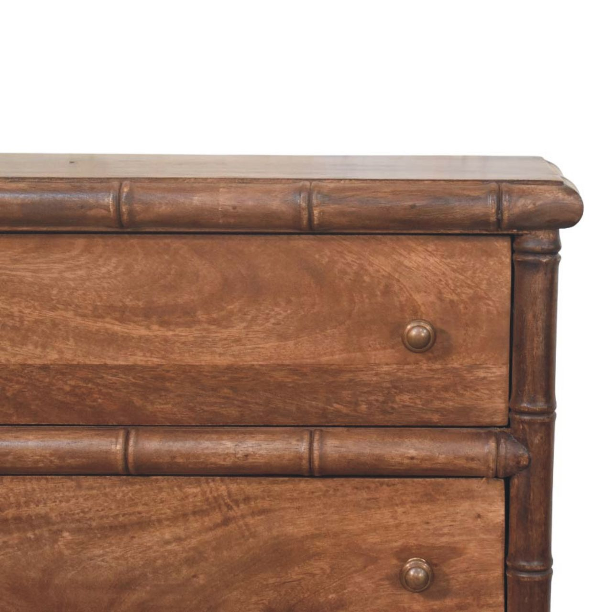 Artisan Furniture Solid Wood Bamboo Carved 3 Drawer Chest with Brass Knobs – Bedroom Storage, Brown
