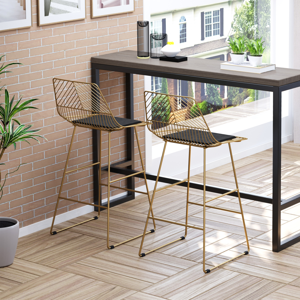 HOMCOM Modern Wire Metal Counter Height Bar Stools, Set of 2 with Footrest – Industrial Kitchen Island Seating