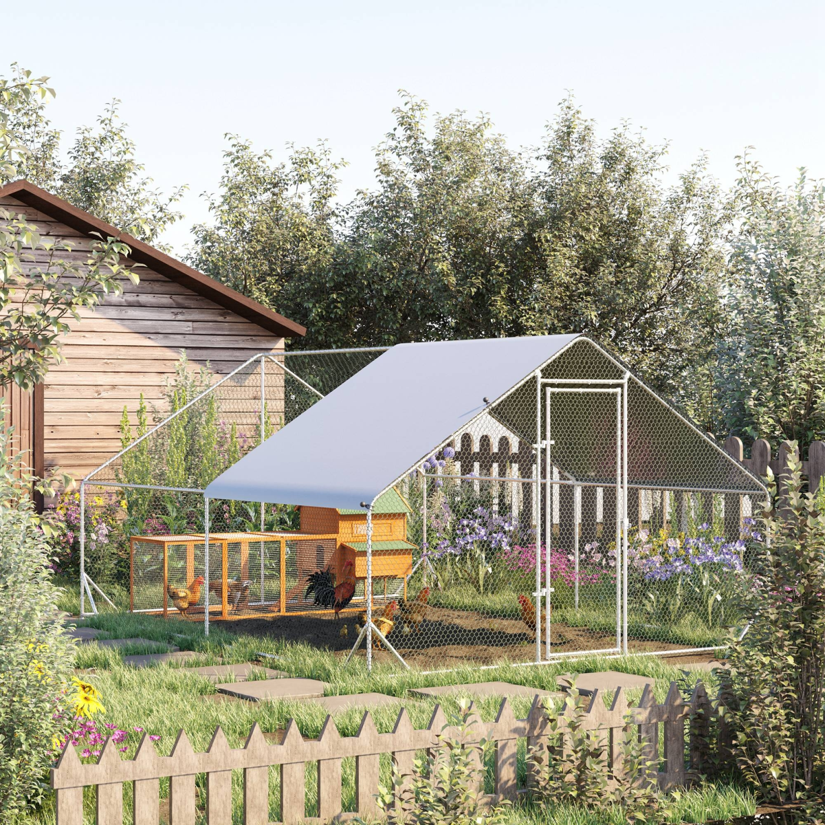 PawHut Walk-In Chicken Run with Galvanised Frame & Cover, 3 x 4 x 2m – Large Chicken Coop for 8–12 Chickens