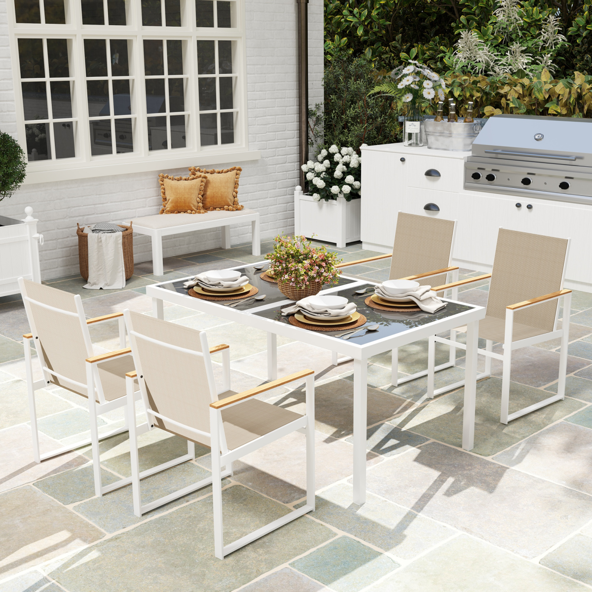 Outsunny 5-Piece Outdoor Dining Set with Tempered Glass Table & Chairs – Garden Patio Furniture