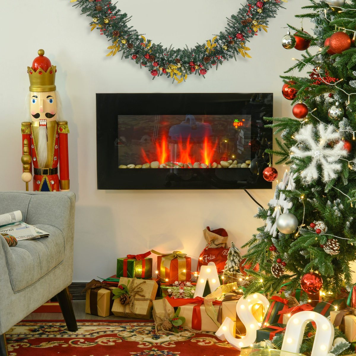 HOMCOM 1000W Wall Mounted Electric Fireplace Heater with Tempered Glass, LED Flame Effect & Remote – Black