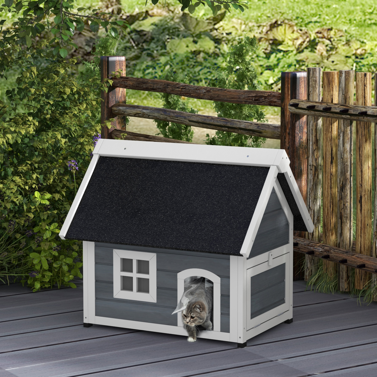 PawHut Outdoor Feral Cat House with Openable Asphalt Roof and Three Doors – Fir Wood Shelter, Grey
