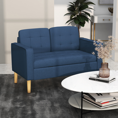 HOMCOM Blue Loveseat Sofa side view showing wood legs
