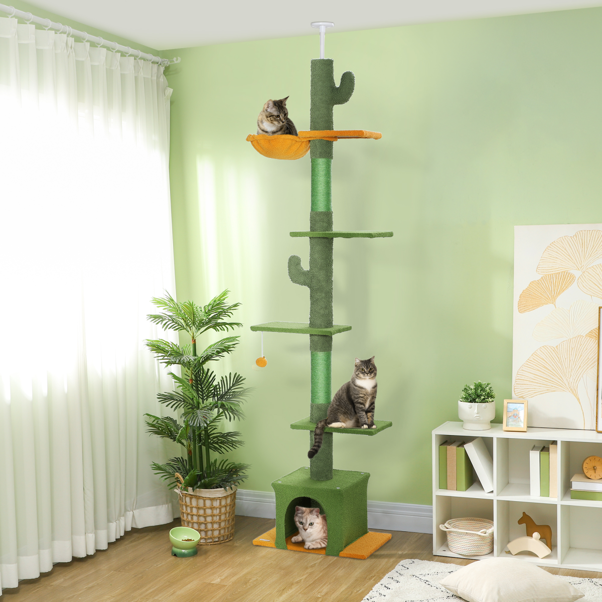PawHut 230-275cm Floor-to-Ceiling Cat Tree for Indoor Cats with Cat House, Hammock & Anti-Tip Kit – Green