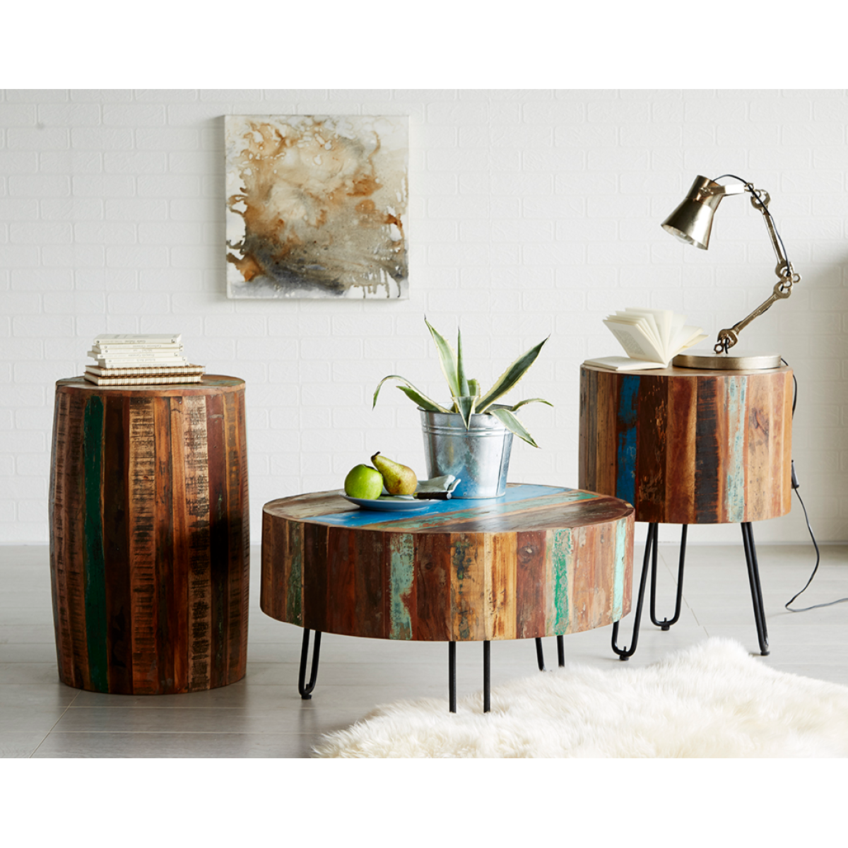 Coastal Drum Side Table in 100% Solid Reclaimed Wood – Rustic Hand-Finished Bedside & Sofa Table