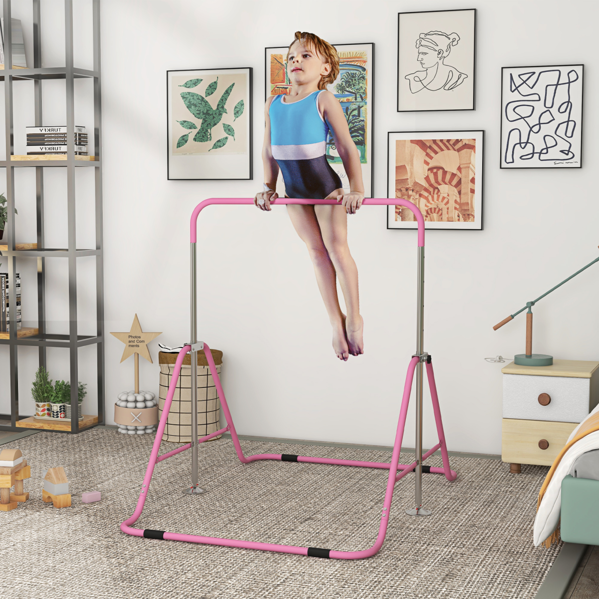 HOMCOM Kids Gymnastic Bar with Adjustable Height, Foldable Steel Training Bar for Indoor & Outdoor – Pink