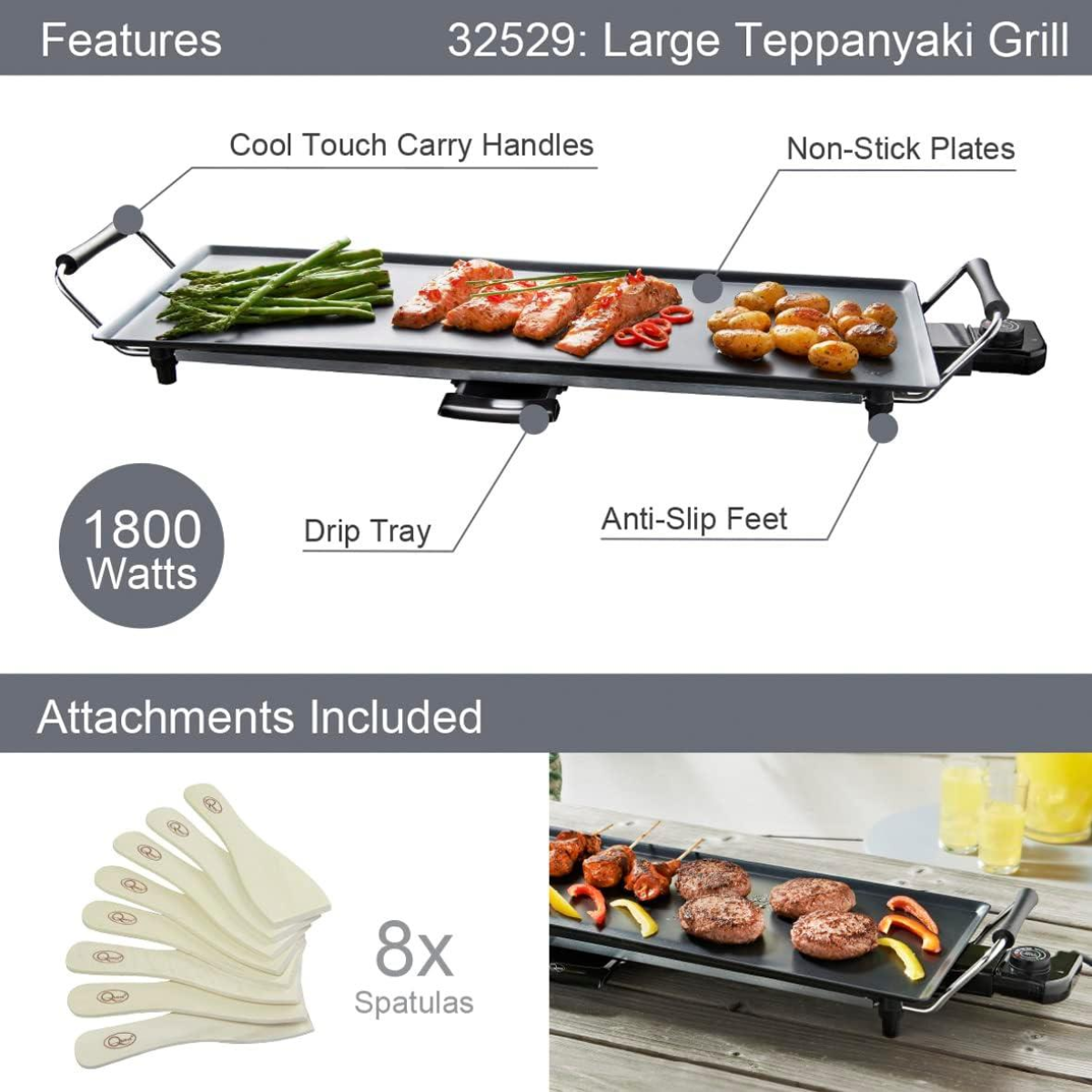 Quest X70 Electric Teppanyaki Grill, 1800W with Non-Stick Plate, Drip Tray and 8 Spatulas – Tabletop Cooking