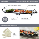 Quest X70 Electric Teppanyaki Grill, 1800W with Non-Stick Plate, Drip Tray and 8 Spatulas – Tabletop Cooking
