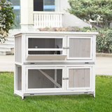 PawHut Two-Tier Wooden Rabbit Hutch with Ramp, Wheels, Trough & Rain Cover – Outdoor Pet House, Grey