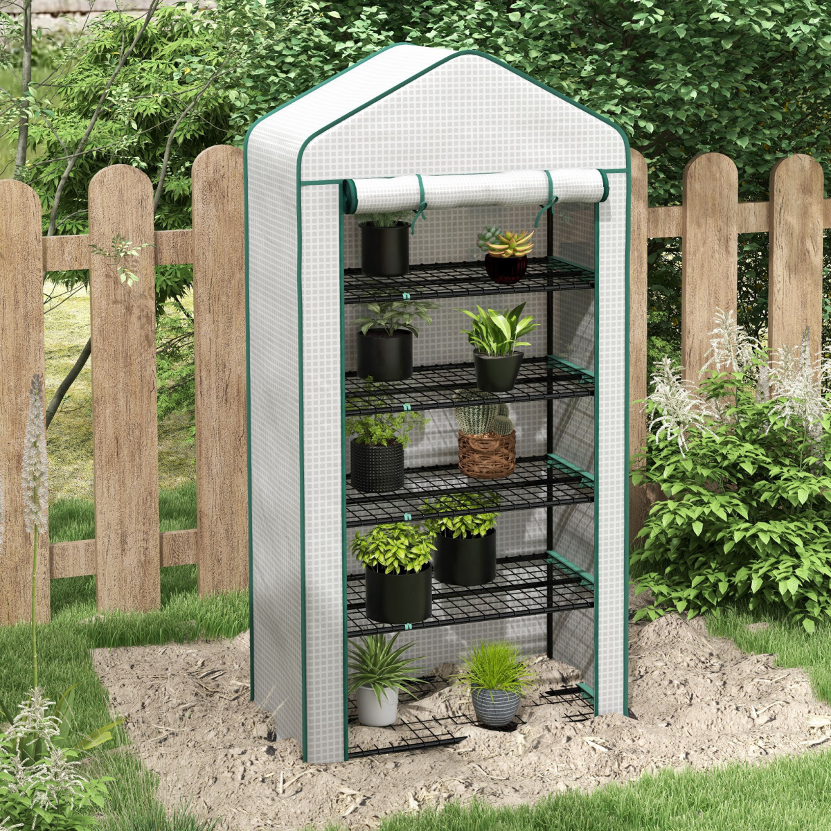 Outsunny 5-Tier Widened Mini Greenhouse with Roll-Up Zipped Door & UV-Resistant Cover – Plant Storage, White
