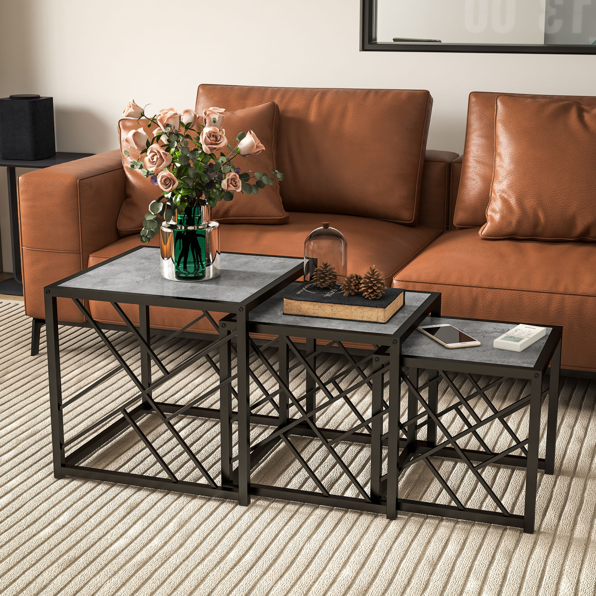 HOMCOM Set of 3 Square Nesting Coffee Tables with Metal Frame – Space-Saving Side Tables, Grey