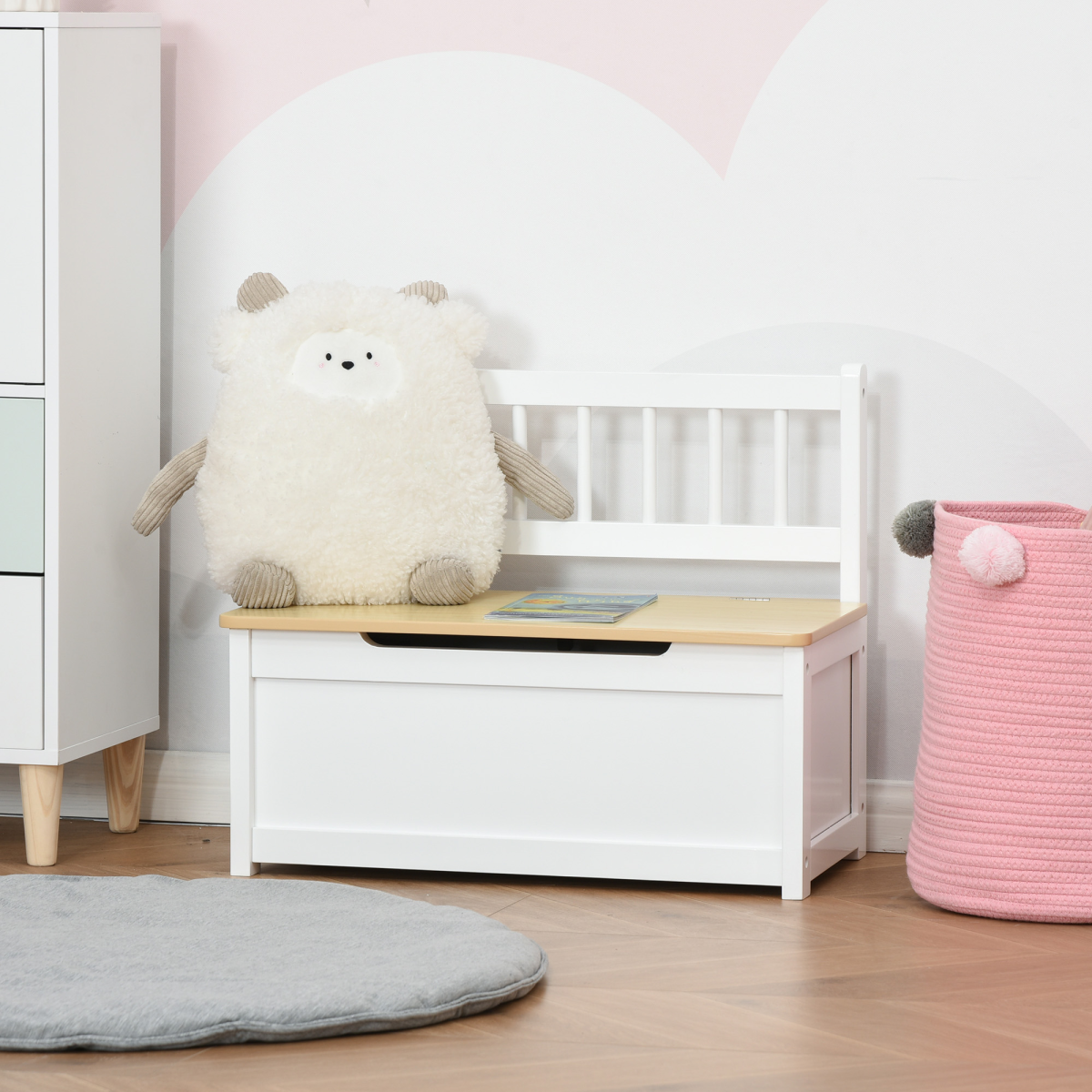 HOMCOM 2-in-1 Wooden Toy Box and Kids Seat Bench – Storage Chest, 60 x 30 x 50cm, White