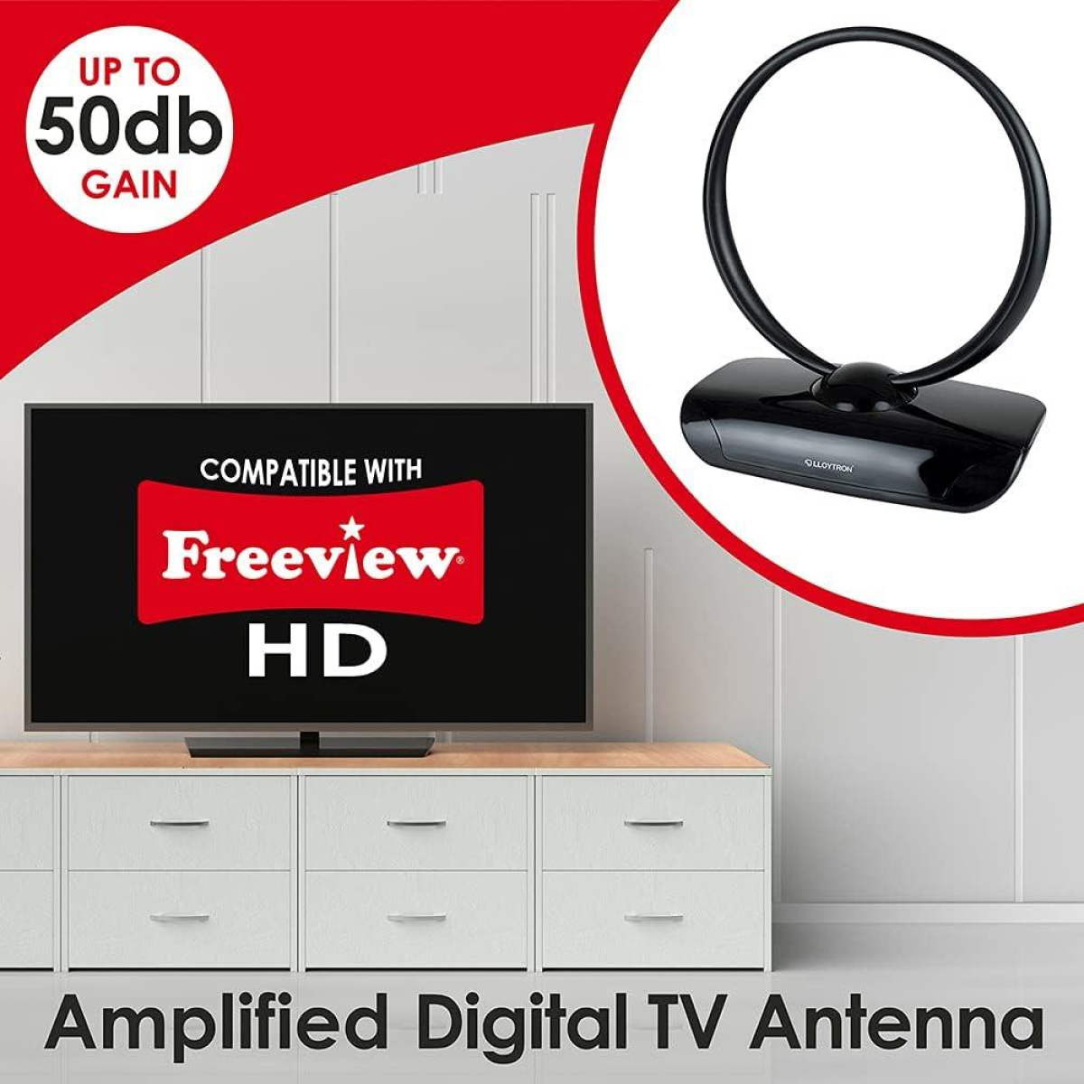 Lloytron Active Indoor Loop TV Antenna with 50dB Gain – Freeview HD Compatible, Piano Black