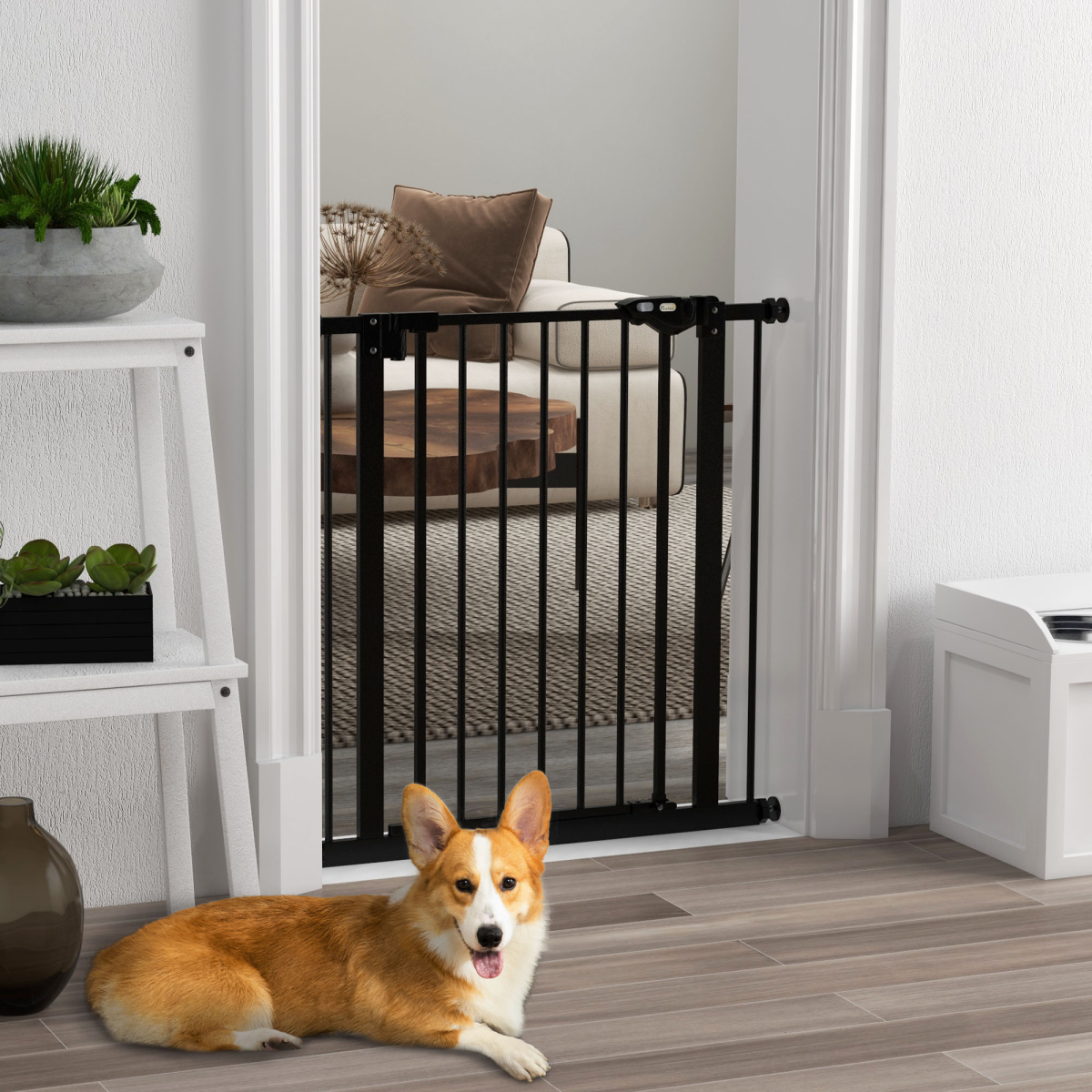 PawHut Adjustable Metal Pet Safety Gate with Extension and Auto-Close Door – Dog Barrier for Doorways, Black