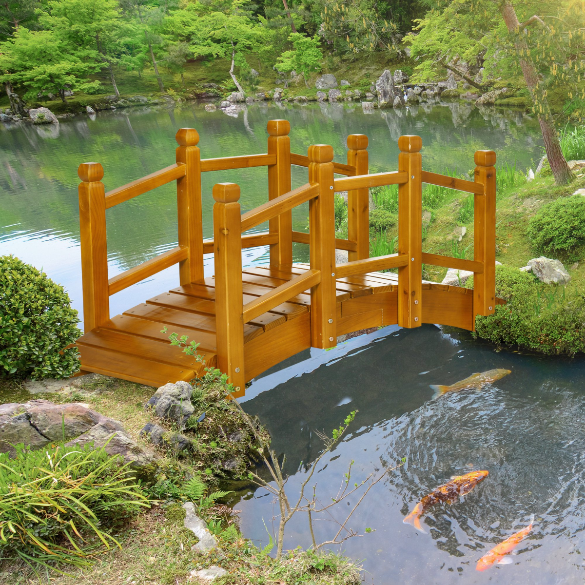 Outsunny Wooden Garden Bridge with Curved Safety Railings, 150kg Capacity – Arched Pond Footbridge