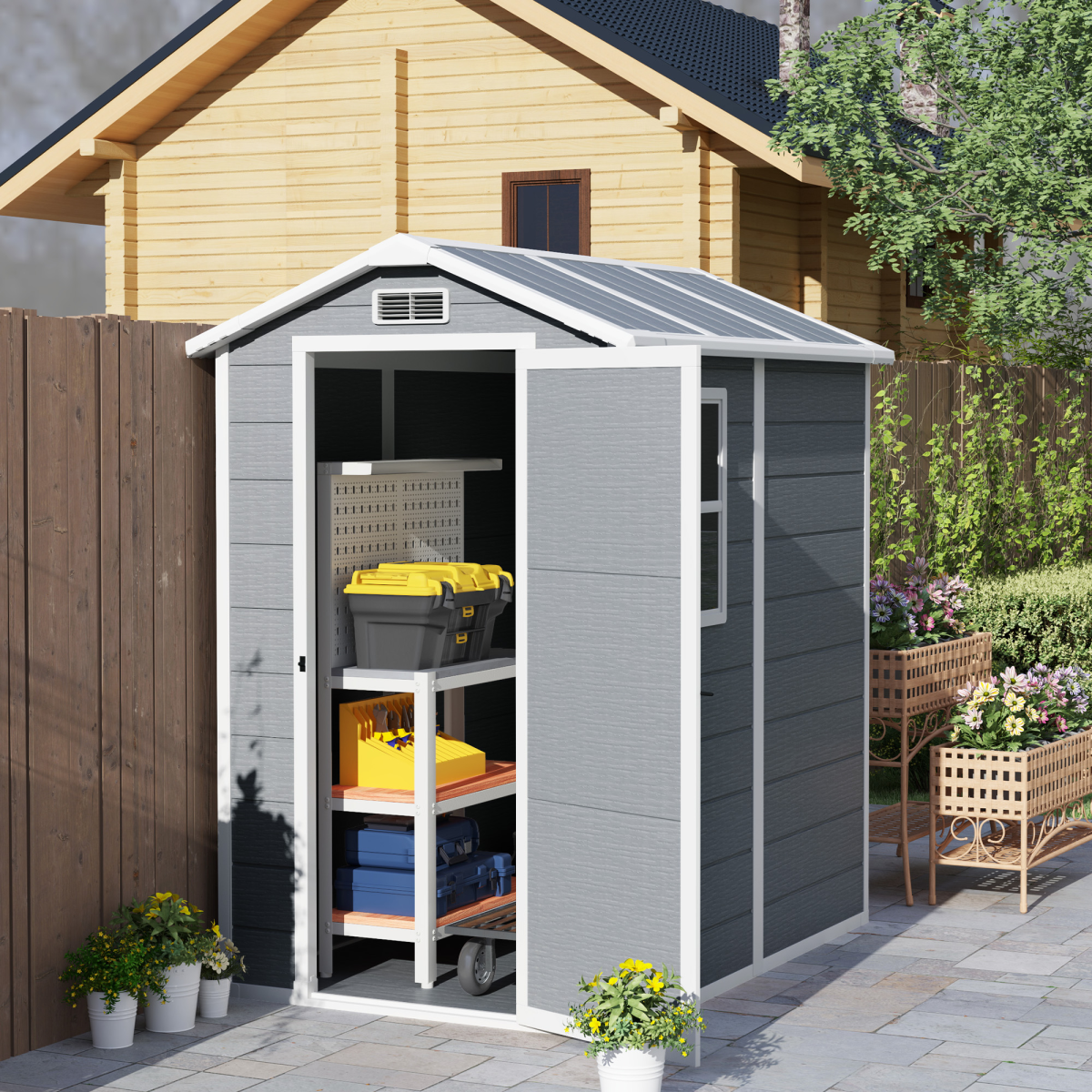 Outsunny Grey Weatherproof Tool Shed with Lock, Floor Panel & Vents – Garden Storage, 131 x 186 x 198cm