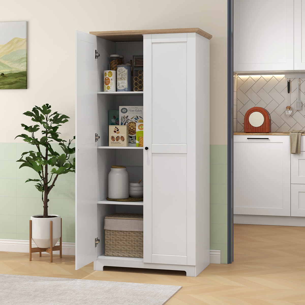Wooden Storage Cabinet with 2 Doors & 4 Shelves – 172cm Kitchen Pantry Cupboard, White