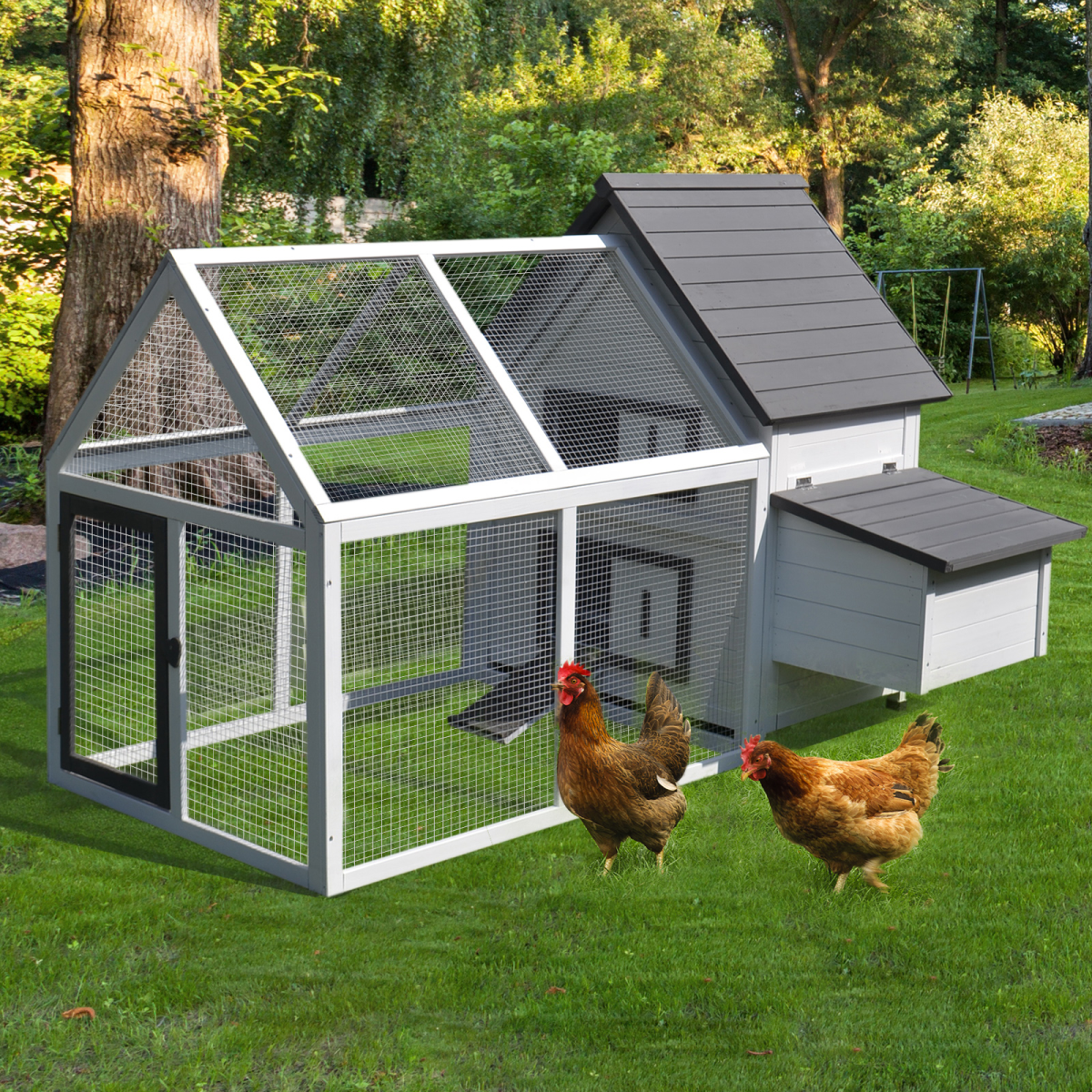 PawHut Wooden Chicken Coop with Nesting Box, Run and Ramp – Fir Wood Hen House with Sloping Roof
