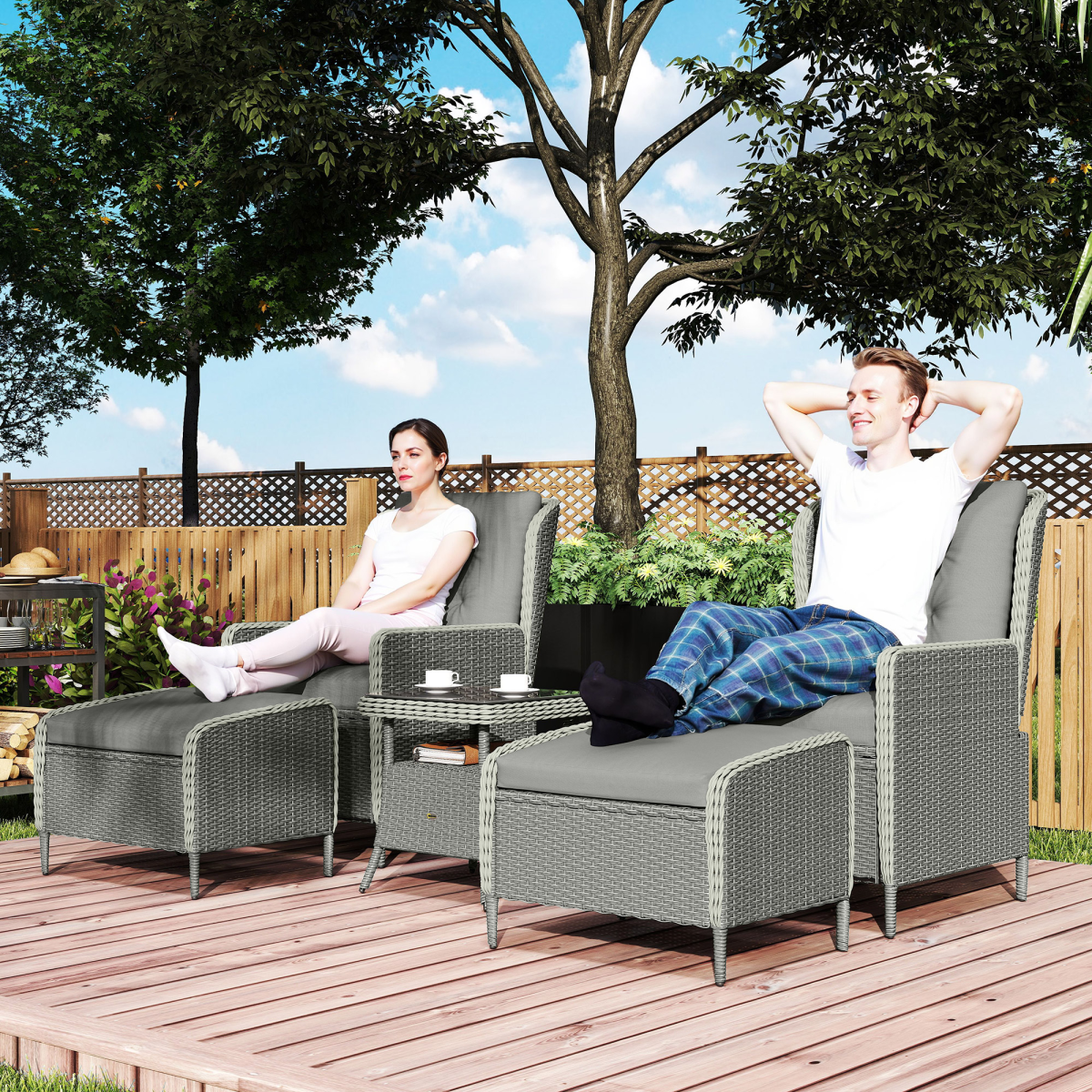 Outsunny Five-Piece Rattan Garden Furniture Set with Reclining Armchairs, Footstools & Glass Table, Charcoal Grey