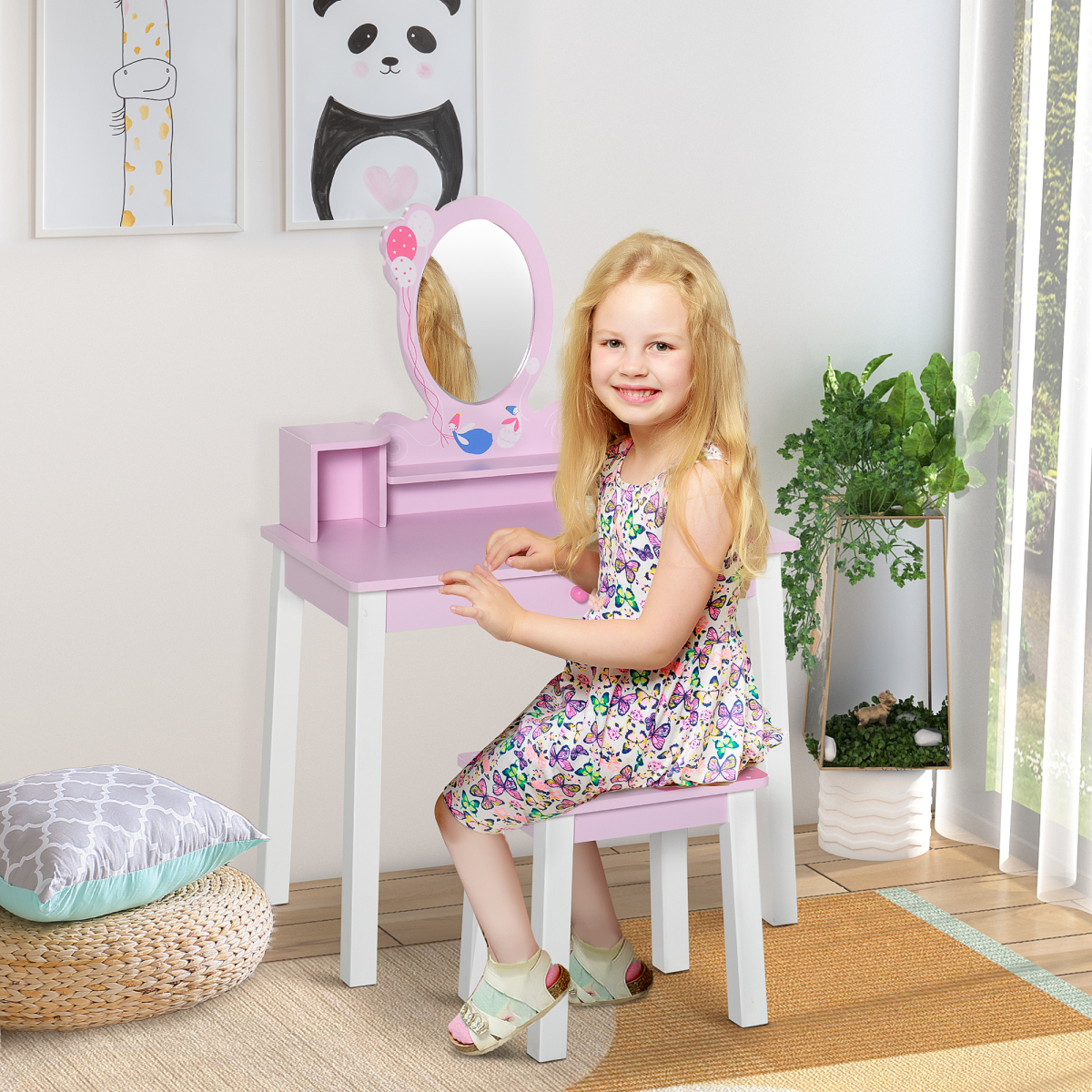 HOMCOM Kids Dressing Table and Stool Set with Oval Mirror & Storage Drawer – Make Up Desk, Pink