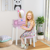 HOMCOM Kids Dressing Table and Stool Set with Oval Mirror & Storage Drawer – Make Up Desk, Pink