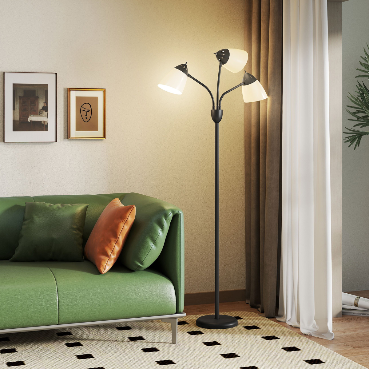 155cm Arc Tree Floor Lamp with 3 Rotating Lights – Black