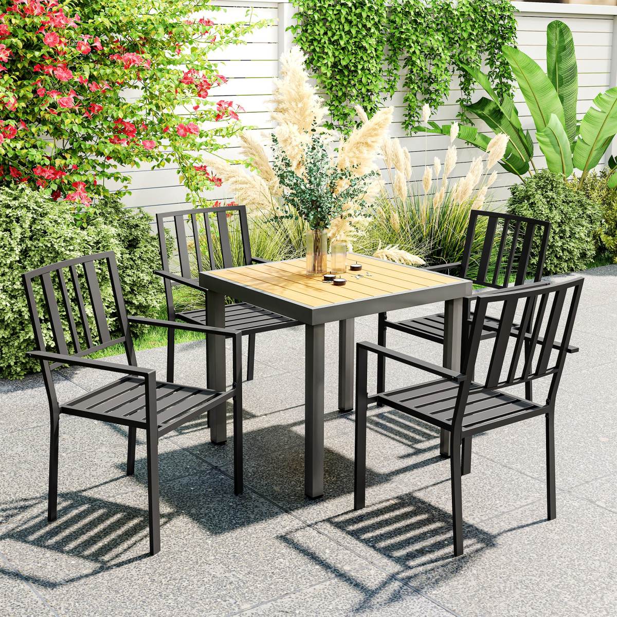Outsunny Set of 4 Stackable Garden Chairs with Slatted Design – Galvanised Steel Outdoor Chairs, Black