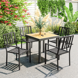 Outsunny Set of 4 Stackable Garden Chairs with Slatted Design – Galvanised Steel Outdoor Chairs, Black