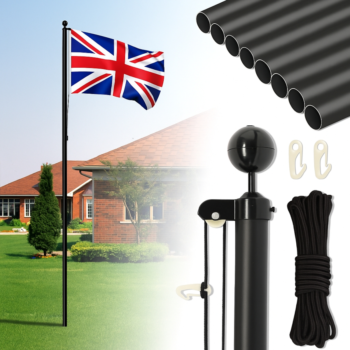7.5m Aluminium Sectional Flagpole Kit with 2 UK Flags – Adjustable Telescopic Garden Pole, Black