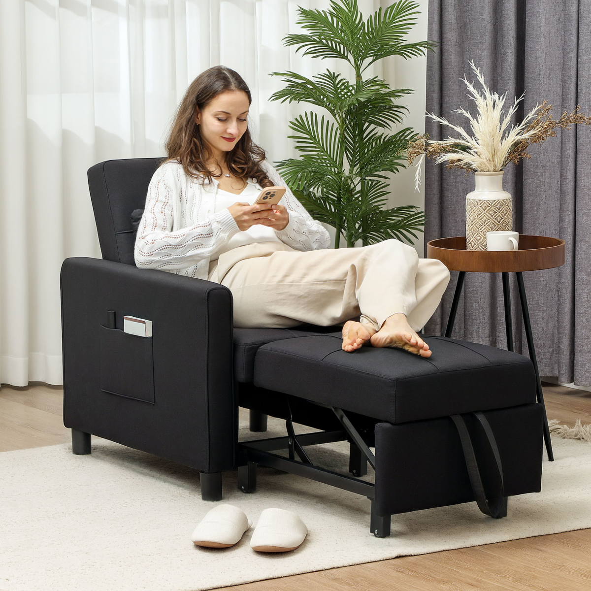 HOMCOM Folding Sleeper Chair Bed with Pillow & Side Pockets – Space-Saving Guest Bed, Black