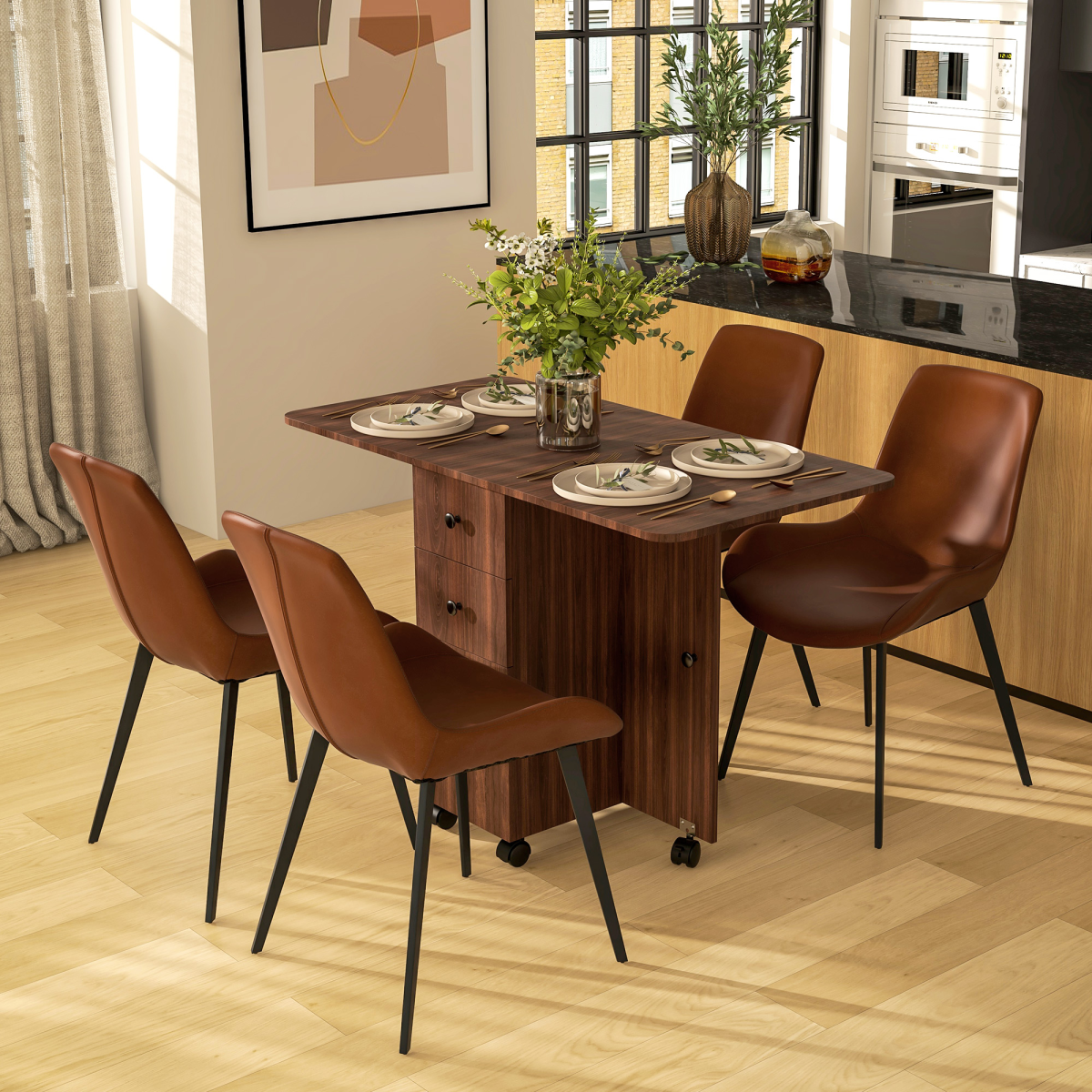 HOMCOM Folding Drop Leaf Dining Table with Drawers, Cupboard & Shelf – Space-Saving Kitchen Table, Distressed Brown