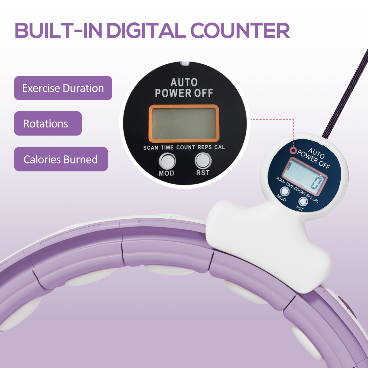 Weighted Hula Hoop with 400g Gravity Ball & Digital Counter – Adjustable 16-Section Fitness Hoop, Purple