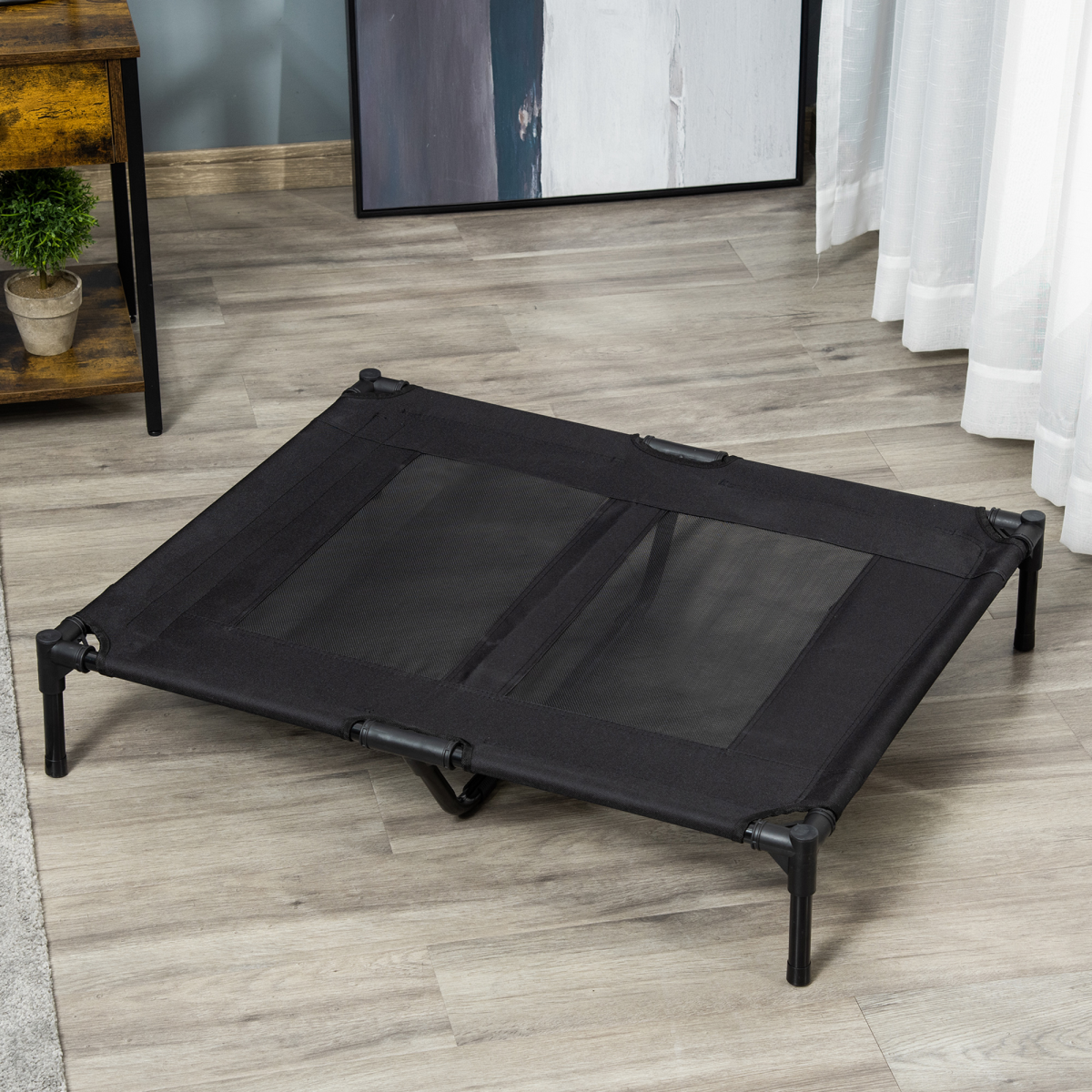 PawHut Large Elevated Pet Cot – Portable Raised Dog Bed for Camping & Outdoors, Black, 92 x 76 cm