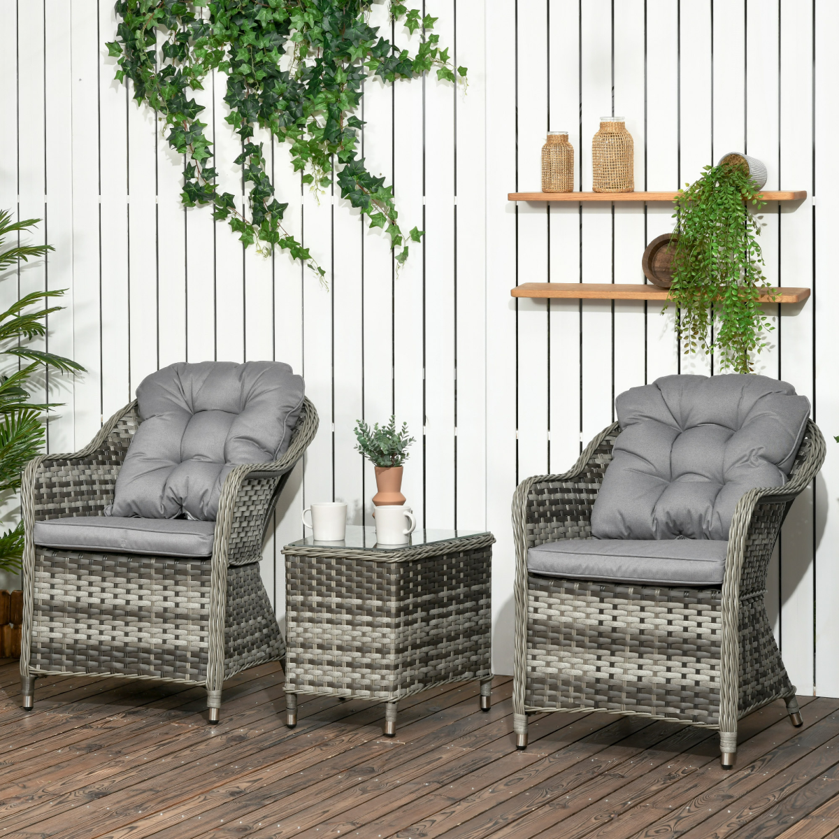 Outsunny 3-Piece Aluminium Rattan Bistro Set with Cushions & Tempered Glass-Top Table – Garden & Balcony Seating