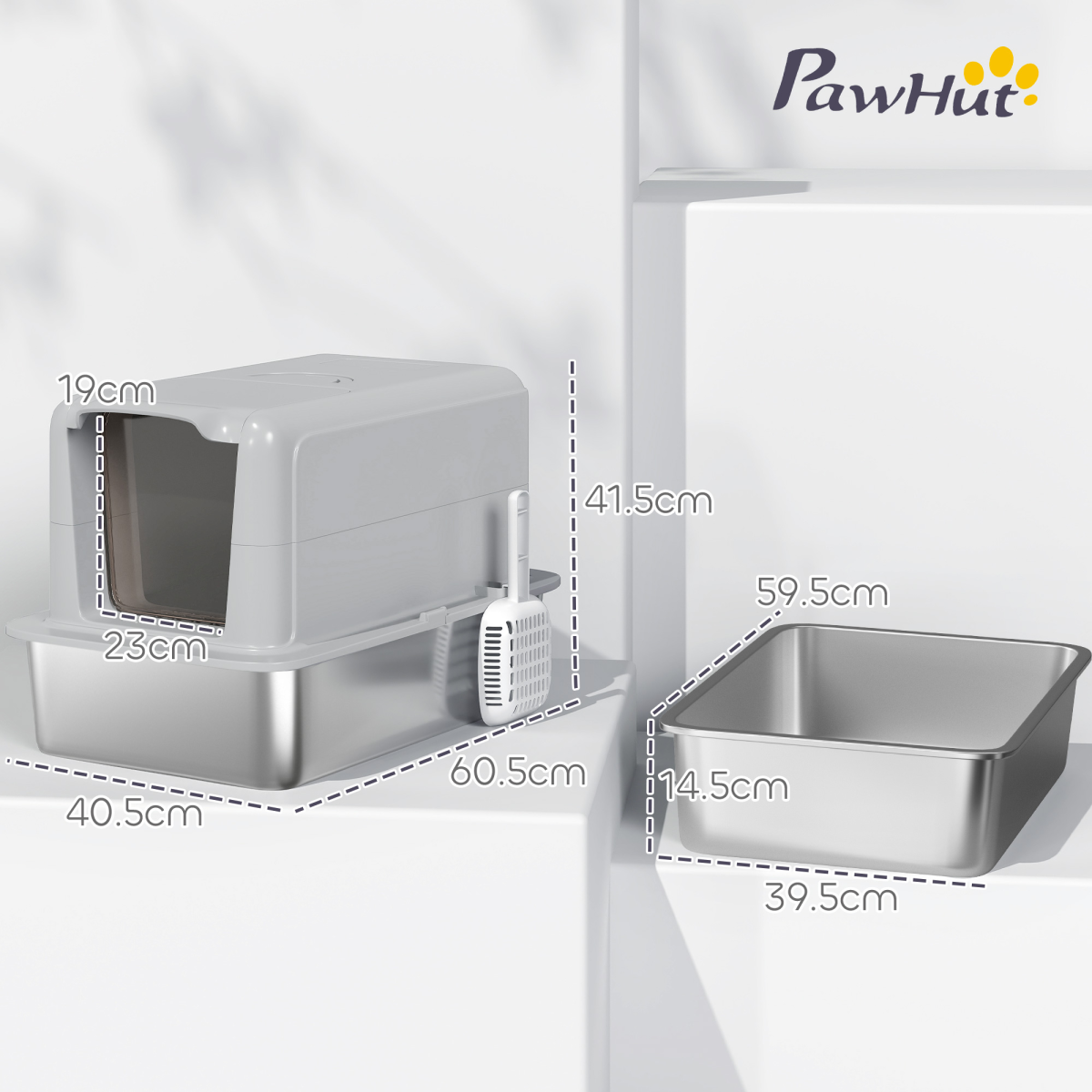 Cat Litter Box with Stainless Steel Tray, Sand Filter & Scoop – Odour Control Pet Toilet, Grey and Silver