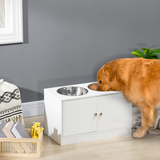 PawHut Raised Dog Feeding Station with 2 Stainless Steel Bowls & Hidden Storage – Large Dogs, White